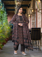 Yufta Black & Red Floral Print Straight Plus size Kurta Trouser And Dupatta Set | Grocsy