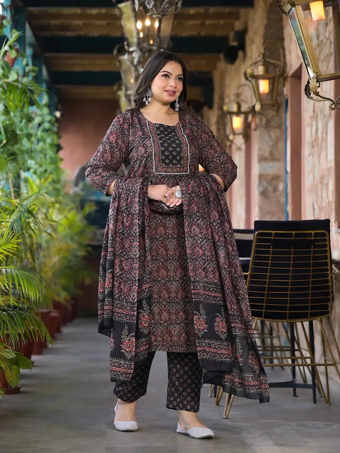 Yufta Black & Red Floral Print Straight Plus size Kurta Trouser And Dupatta Set | Grocsy
