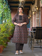 Yufta Black & Red Floral Print Straight Plus size Kurta Trouser And Dupatta Set | Grocsy