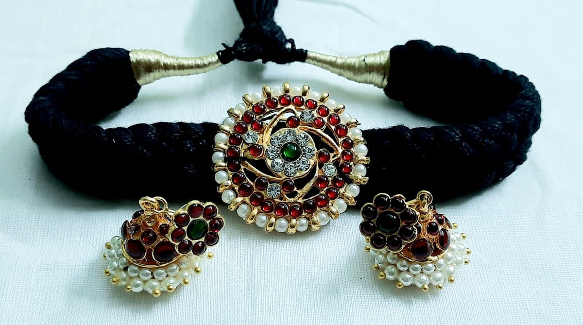 Elite Trading Black Thread Choker with Kempu Stones & Moon Pendant with Jhumka Traditional South Indian Jewelry for Women and Girls | Grocsy