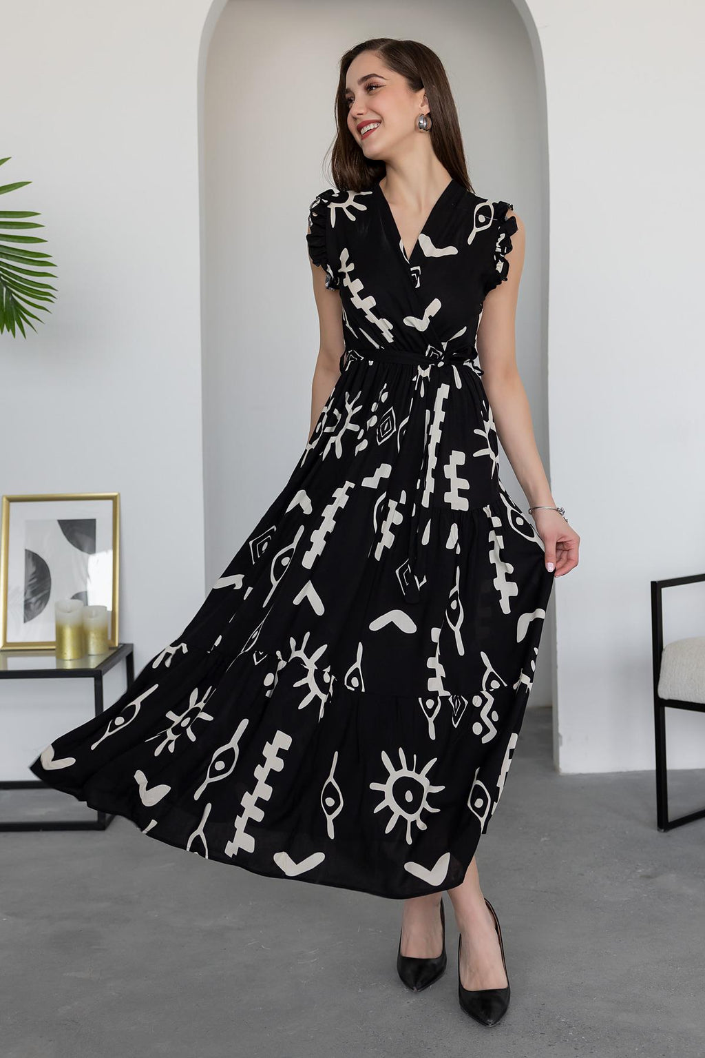 Pimu V-Neck Maxi Dress with Black Graphic Print | Grocsy