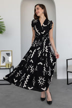 Pimu V-Neck Maxi Dress with Black Graphic Print | Grocsy