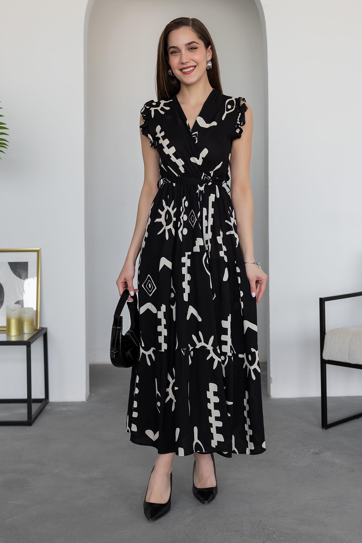 Pimu V-Neck Maxi Dress with Black Graphic Print | Grocsy