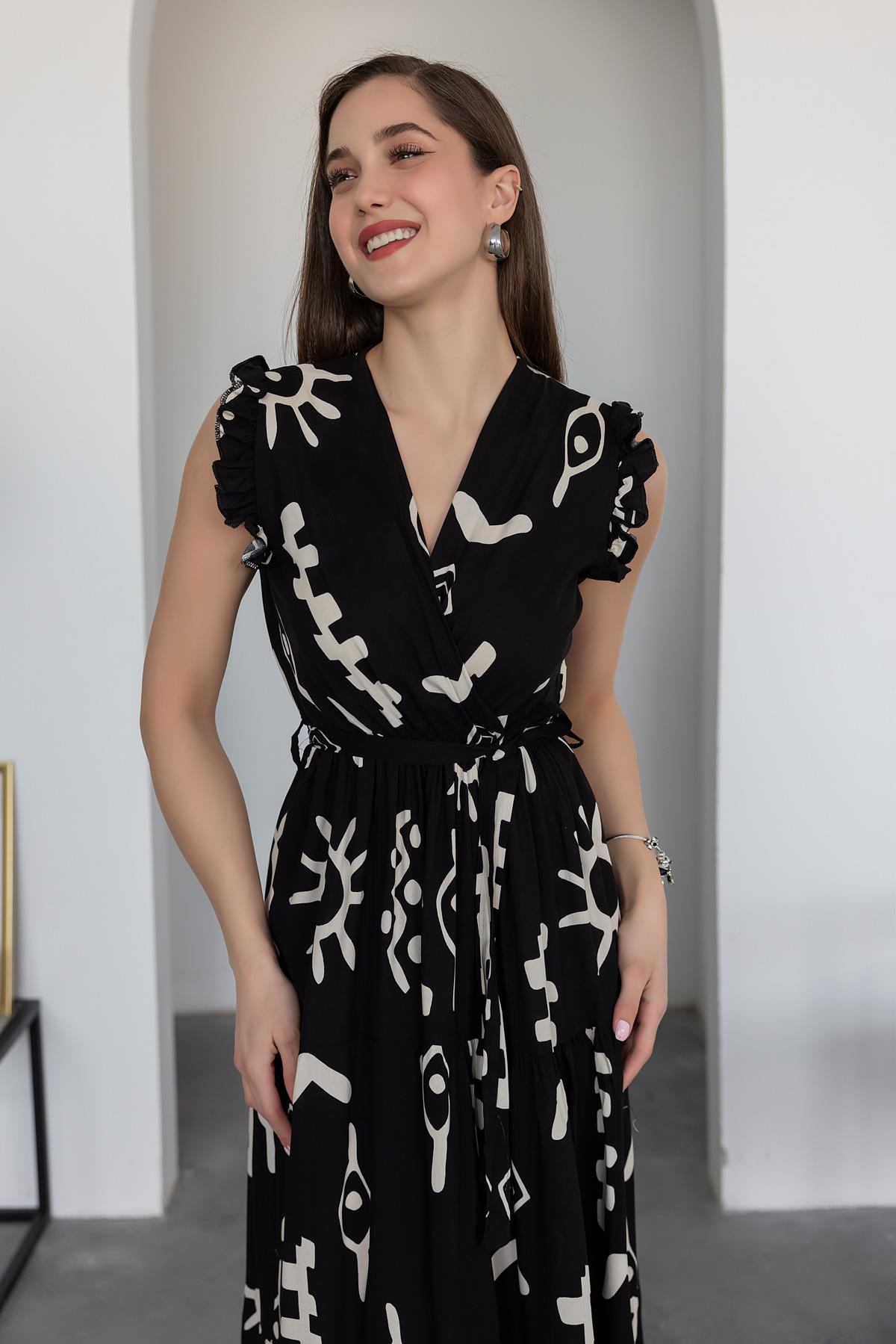 Pimu V-Neck Maxi Dress with Black Graphic Print | Grocsy