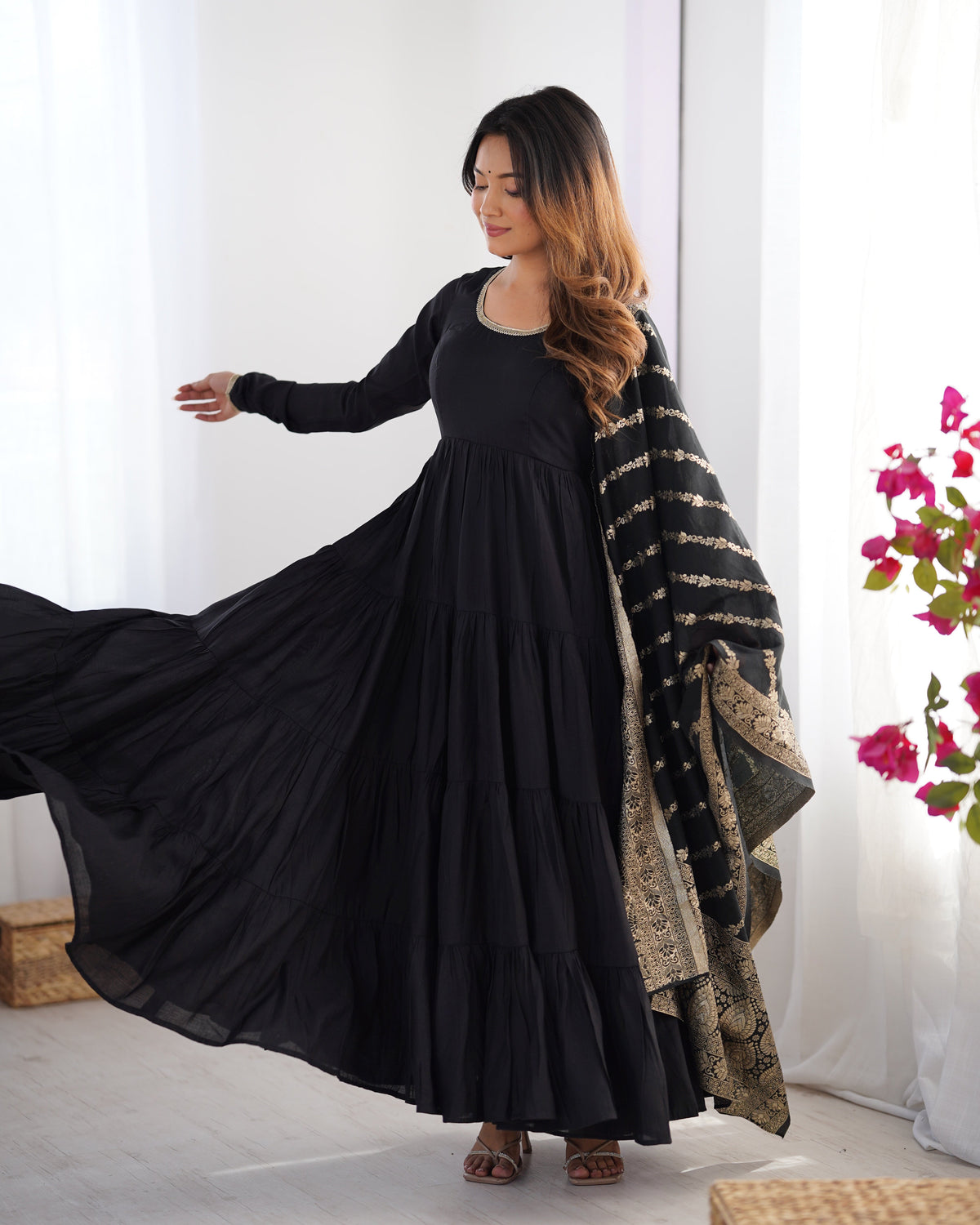 Lorenvalley Women Pure Roman silk Chanderi Fabric Layer Gathering Anarkali Kurta Pant With Dupatta Set | Grocsy