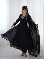 Lorenvalley Black Faux Georgette Fancy Embroidery Beads And Jari Work Anarkali Kurta Palazzo With Dupatta Set | Grocsy