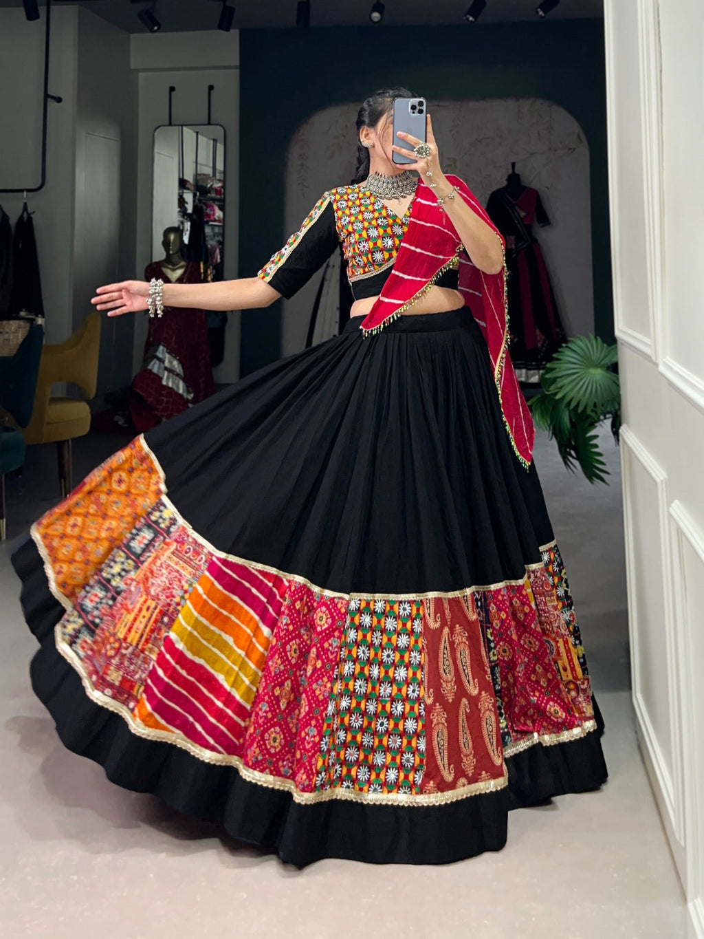 Lorenvalley Black Pure Rayon with Plain And Printed With Original Mirror Gamthi Work And Lace Touch Up Lehenga Choli | Grocsy