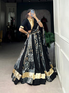 Lorenvalley Rayon and Tussar Silk Black Plain And Printed With Embossed Design Gota Lace Lehenga Choli with Dupatta | Grocsy