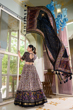 Lorenvalley Black Tussar Silk Floral Print with Foil Print Lehenga Choli with Dupatta | Grocsy