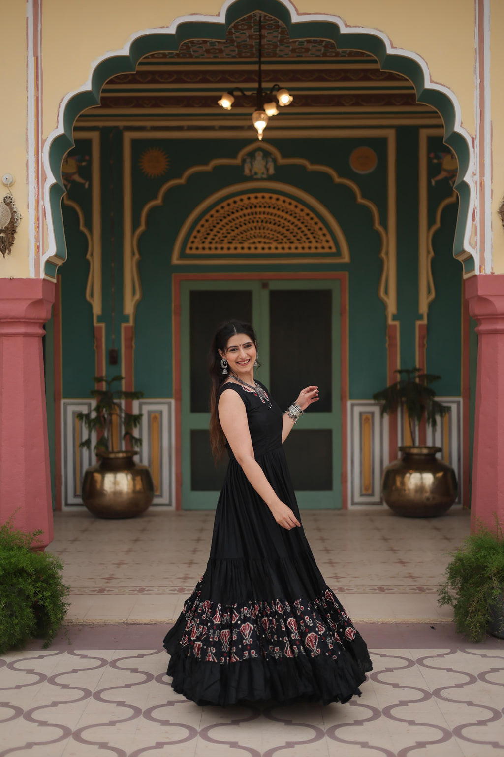 Lorenvalley Black Rayon Fabric with Printed Attached In Frill And Neck Gown | Grocsy