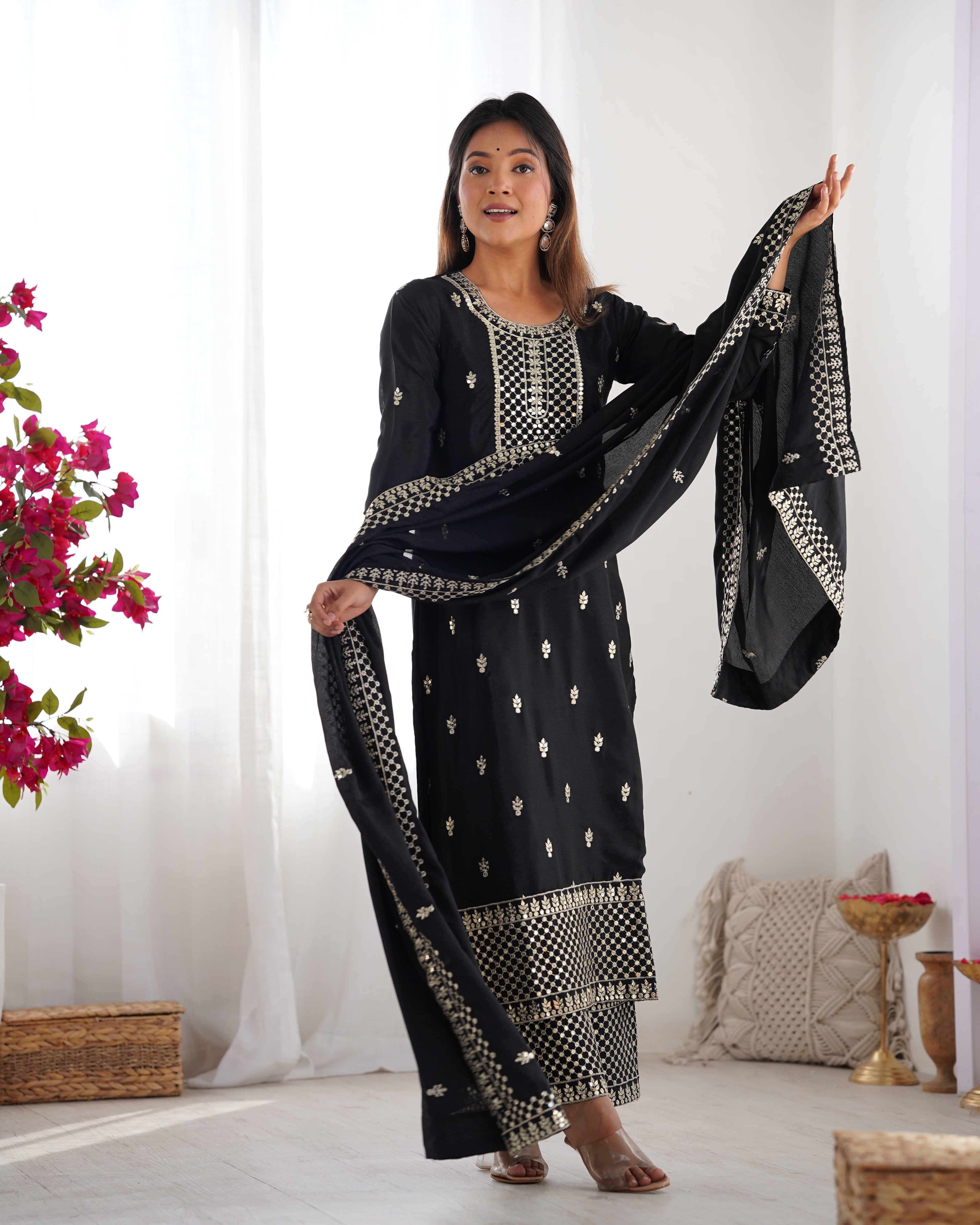 Lorenvalley Black Chinon Silk Embroidery Sequence and Jari Work Kurta Trousers with Dupatta Set | Grocsy