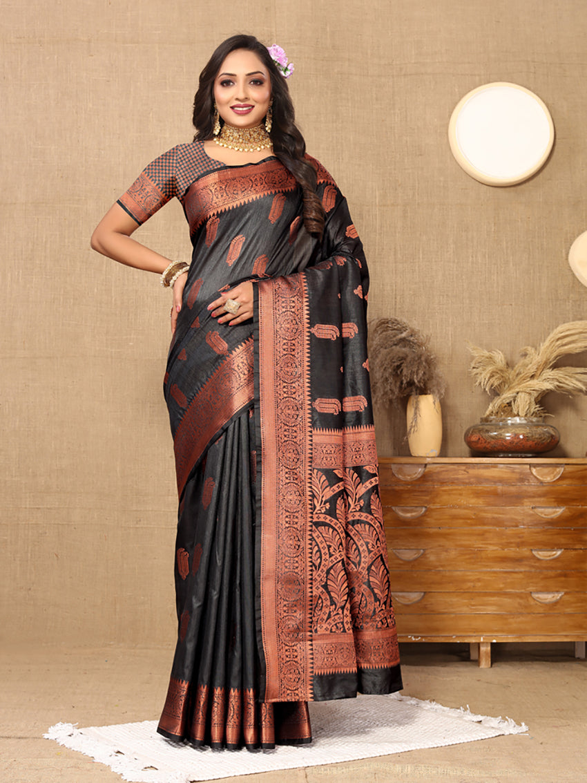 Lorenvalley Fashion Black Soft Katan Silk Woven Design Copper Zari Weaving Saree | Grocsy
