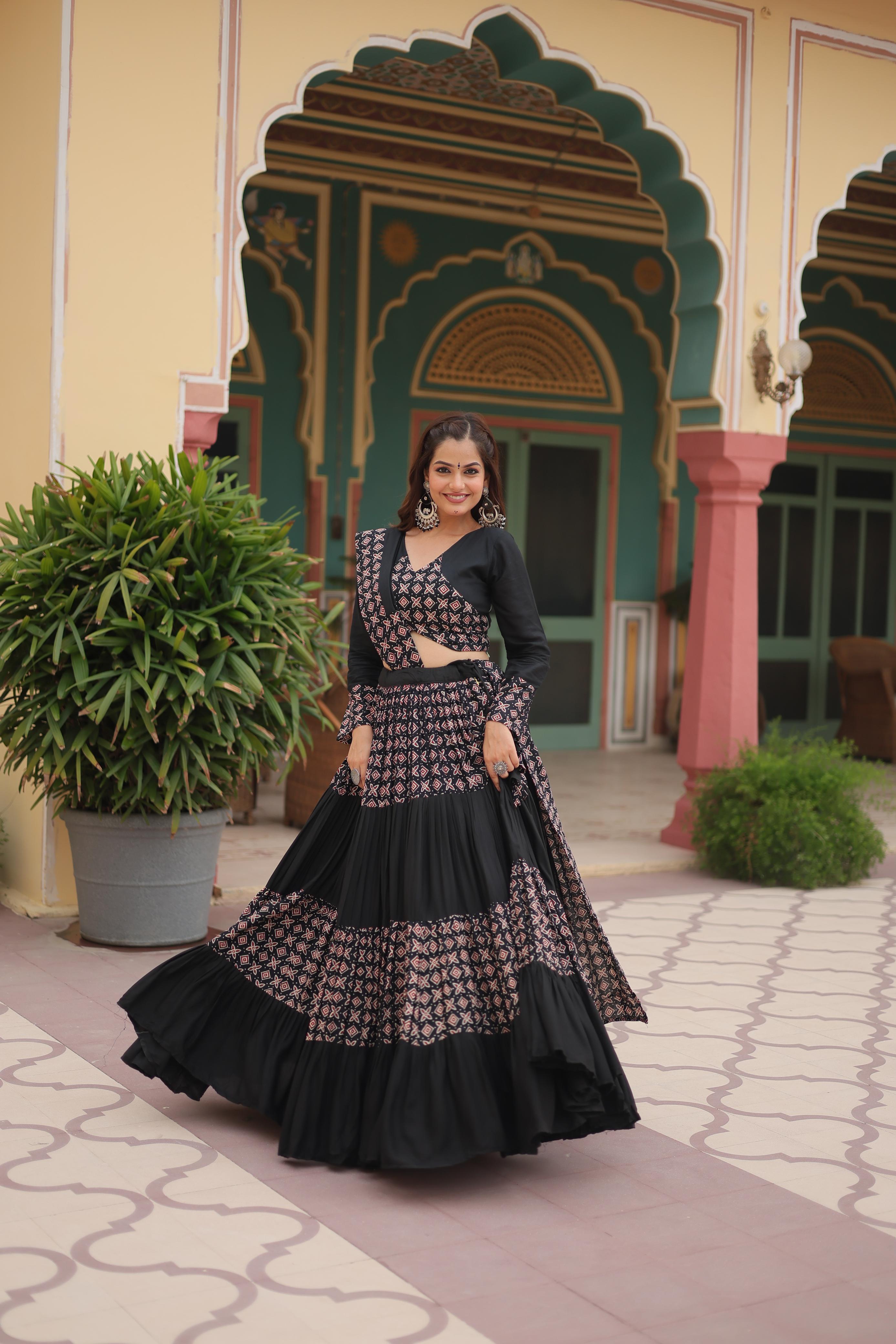 Lorenvalley Black Printed Rayon Navratri Collection Lehenga Choli with Dupatta | Grocsy