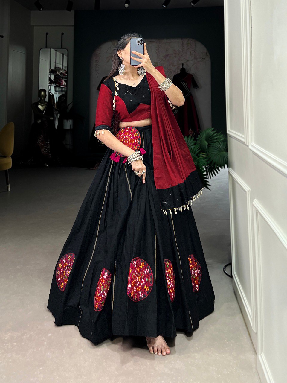 Lorenvalley Pure Black Cotton Plain And Gamthi Patch Work With Gota Patti Lehenga Choli with Dupatta | Grocsy