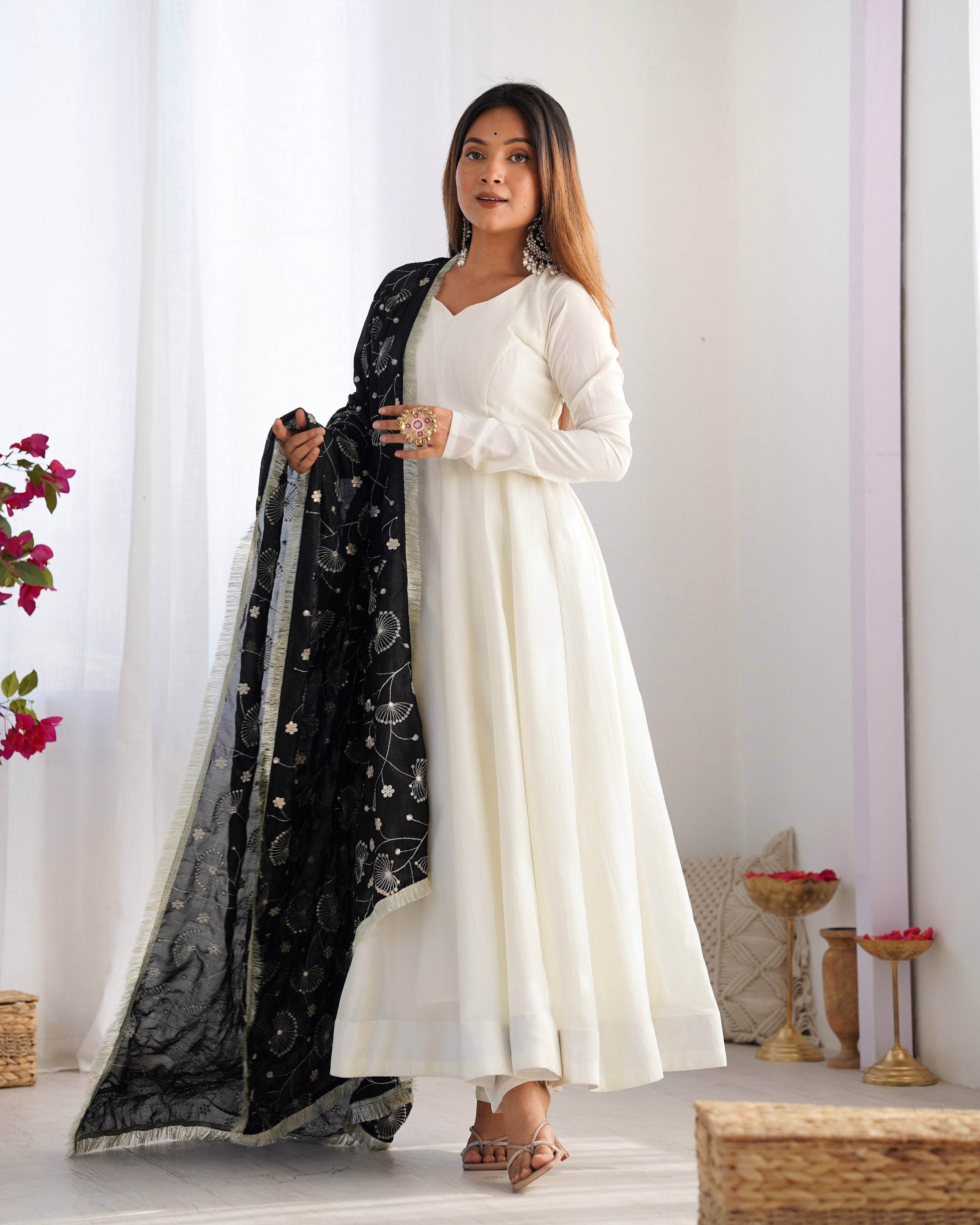 Lorenvalley Fashion White Vichitra Silk Fabric Fully Flared Anarkali Pant With Dupatta Set | Grocsy