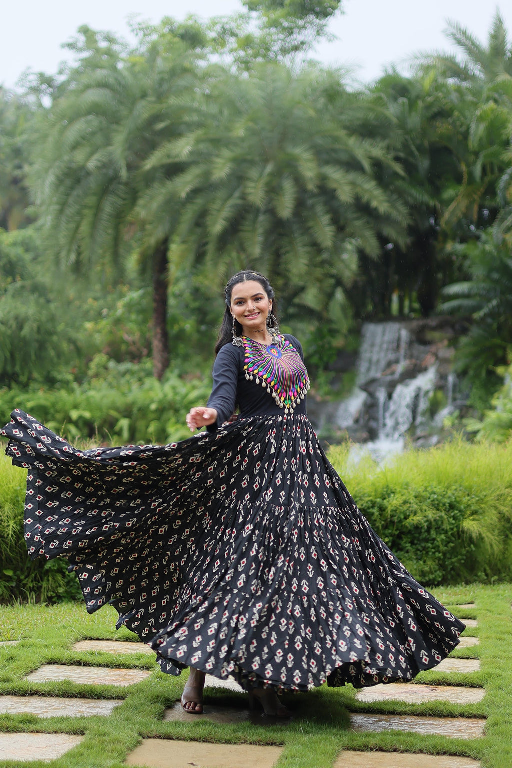 Lorenvalley Black Cotton Printed With Kutchi Gamthi Work and Kodi Lace Gown | Grocsy