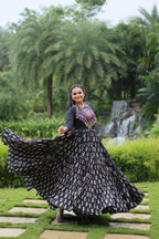 Lorenvalley Black Cotton Printed With Kutchi Gamthi Work and Kodi Lace Gown | Grocsy