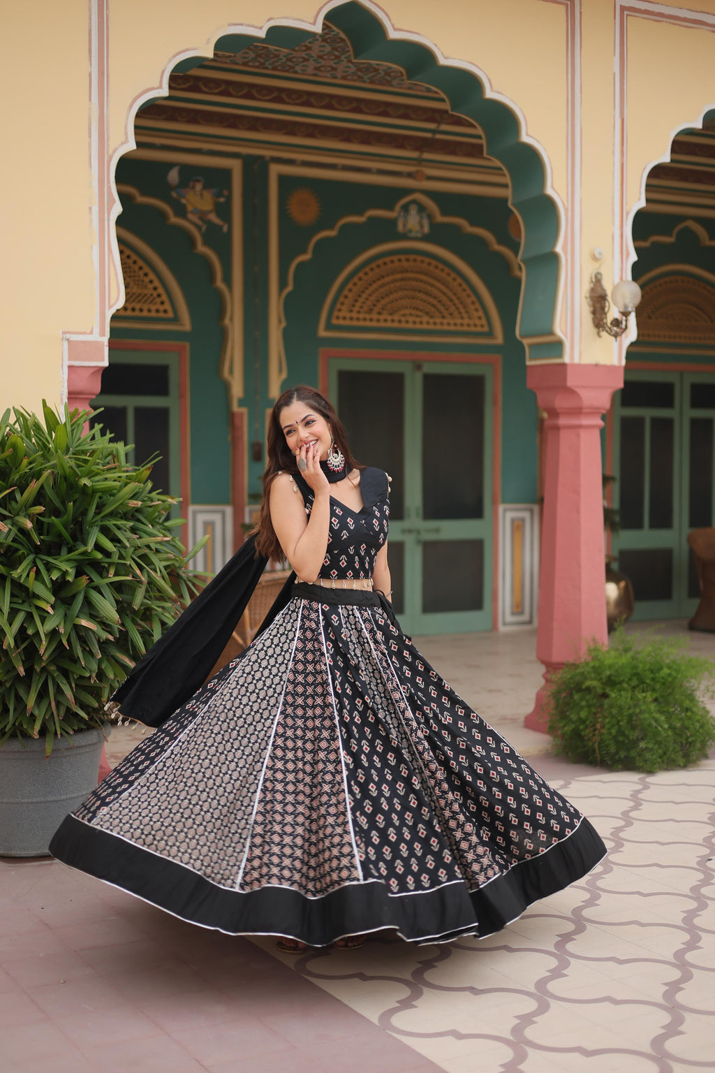 Lorenvalley Black Rayon Gota Patti Lace Printed Kali Pattern Lehenga Choli with Dupatta | Grocsy