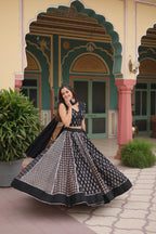 Lorenvalley Black Rayon Gota Patti Lace Printed Kali Pattern Lehenga Choli with Dupatta | Grocsy