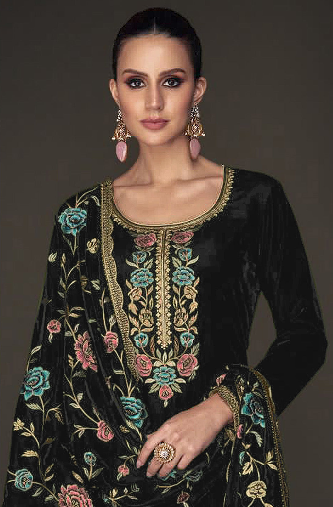 Lorenvalley Fashion Women Black Velvet Embroidered Salwar Suit Material | Grocsy