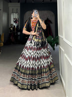 Lorenvalley Black Tussar Silk Leheriya Print with Foil Print and Paper Mirror Work Lace Lehenga Choli with Dupatta | Grocsy