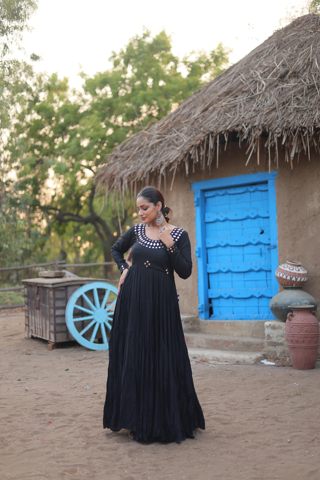 Lorenvalley Black Rayon Fabric With Real Mirror Work Gown | Grocsy