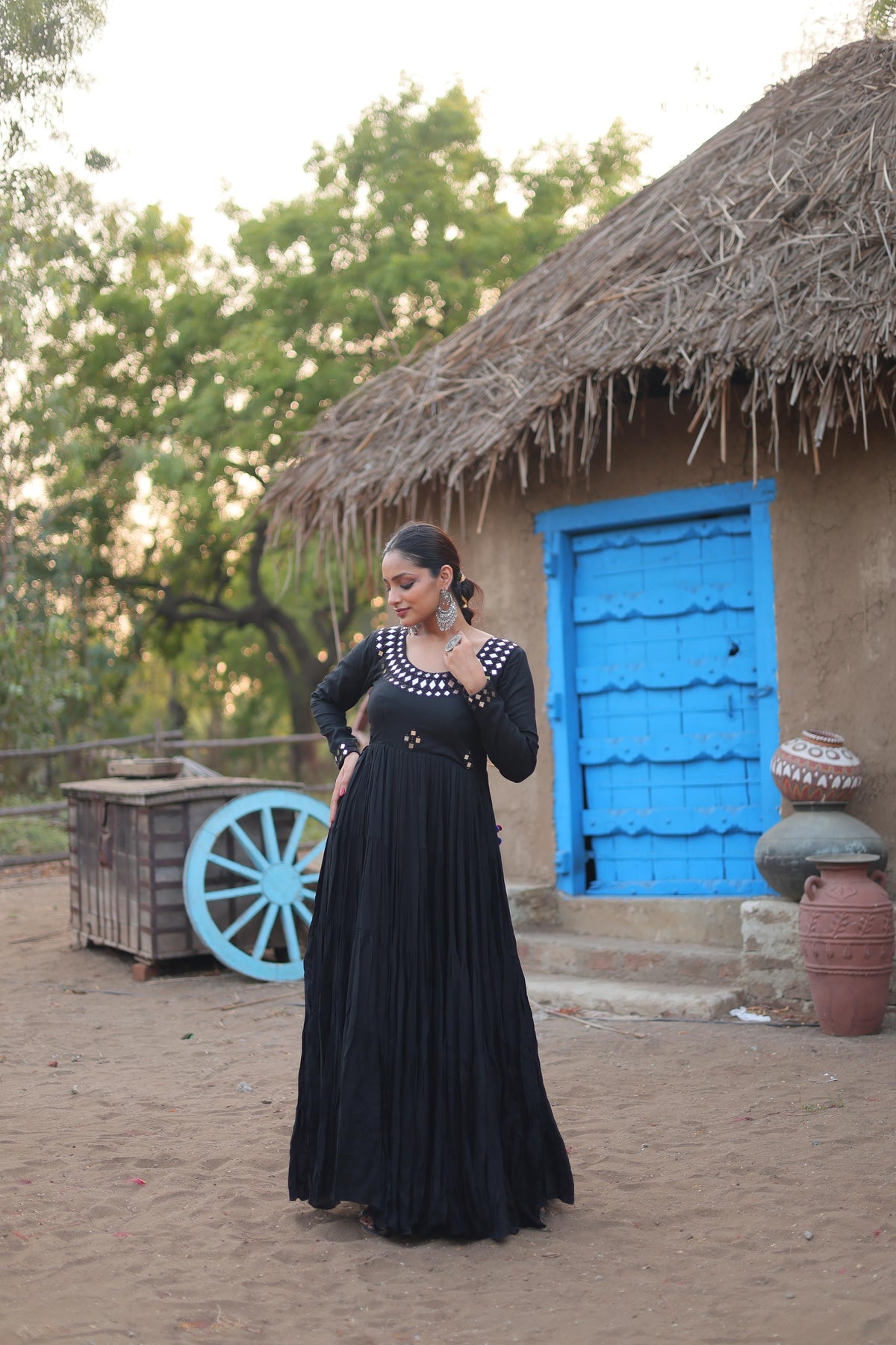 Lorenvalley Black Rayon Fabric With Real Mirror Work Gown | Grocsy