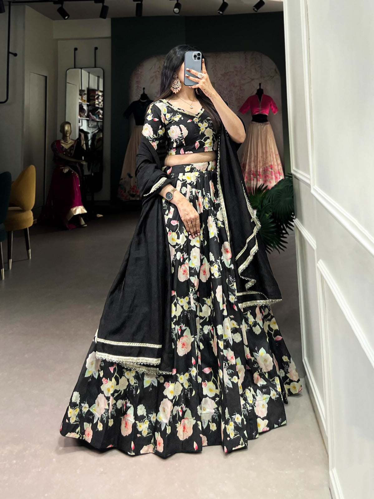 Lorenvalley Black Tussar Silk Floral Printed Lehenga Choli | Grocsy