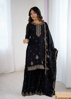 Lorenvalley Black Soft Crunchy Silk with Embroidery Sequence and Jari Work Kurta Palazzo with Dupatta | Grocsy