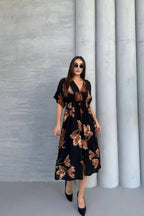 Pimu Front Slit Midi Dresses V-neck Designs For Women Party Wear - Black | Grocsy