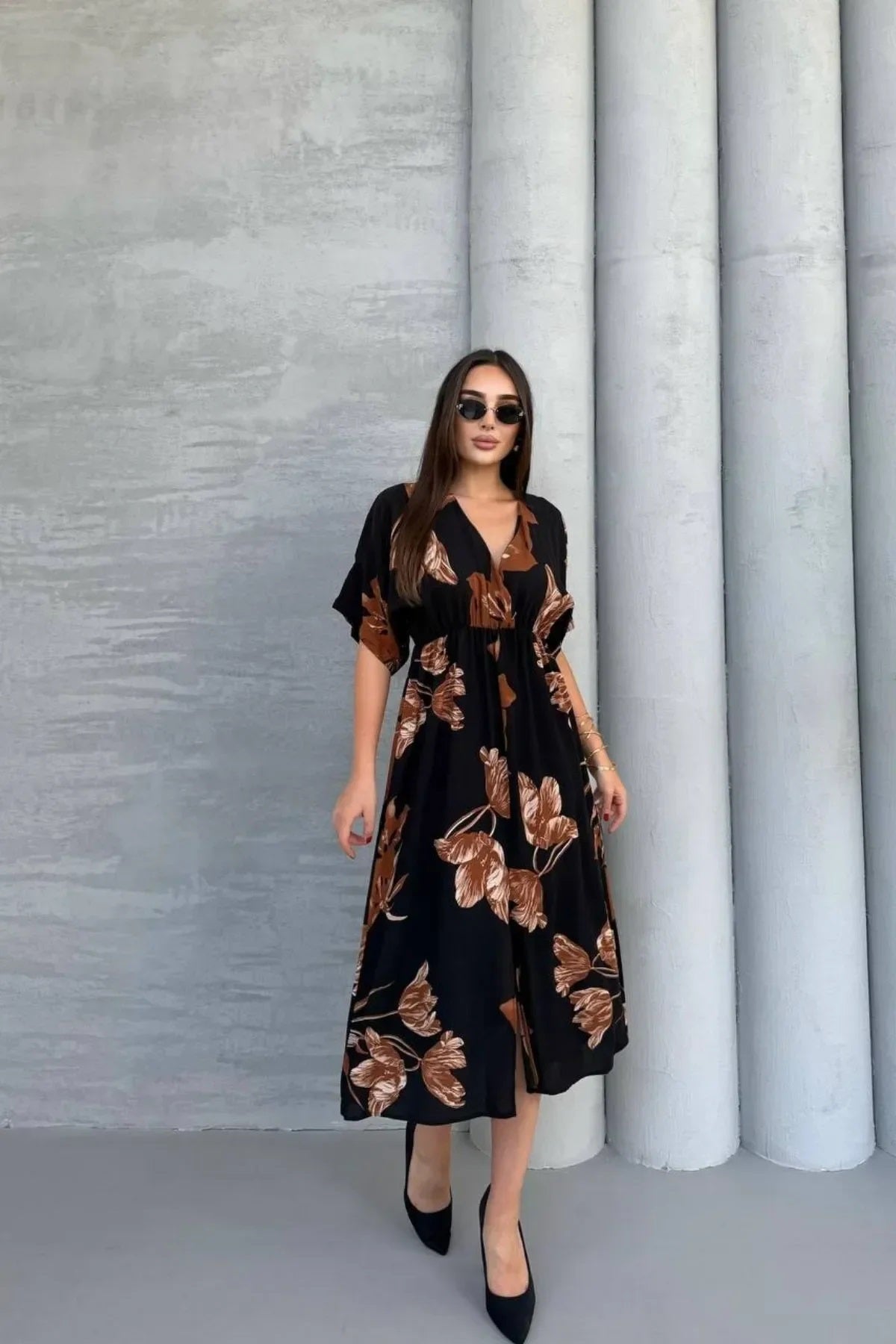 Pimu Front Slit Midi Dresses V-neck Designs For Women Party Wear - Black | Grocsy