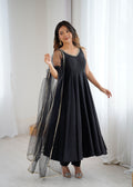 Lorenvalley Fashion Black Pure Romansilk Chanderi Fabric Yoke Fancy Lace Work Anarkali Kurta Pant With Dupatta Set | Grocsy