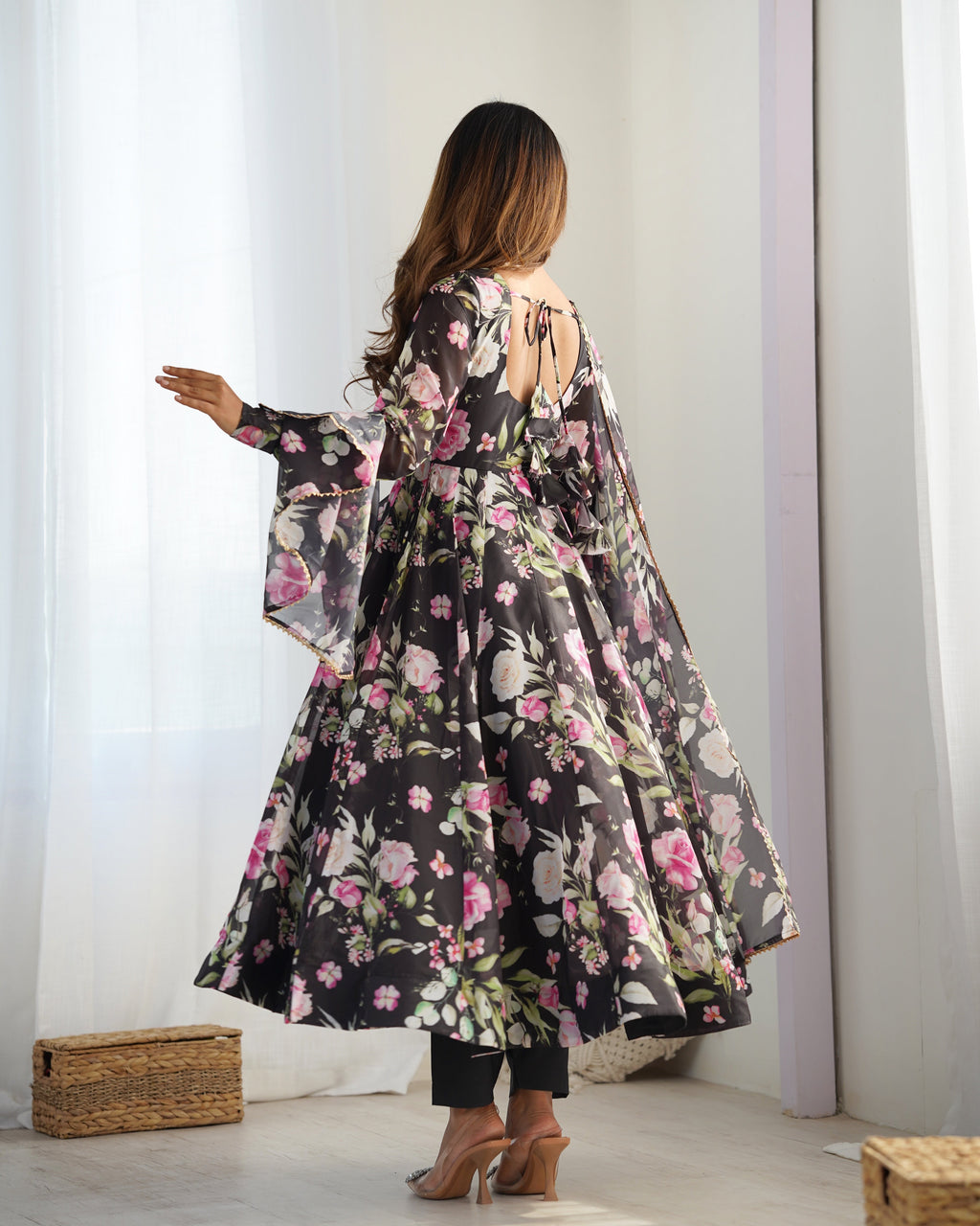 Lorenvalley Soft Organza Silk With Floral Print Fully Flared Anarkali Pant With Dupatta Set - Black | Grocsy