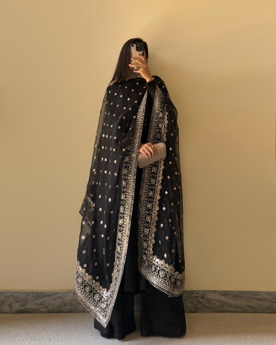 Lorenvalley Black Faux Georgette Yoke and Sleeve Potli Button Work Kurta Palazzo With Dupatta Set | Grocsy