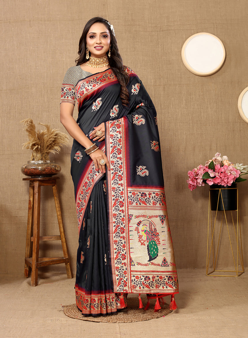 Lorenvalley Fashion Black Soft Paithani Silk Woven Design Rich Meenakari Zari Weaving Pallu Saree | Grocsy
