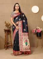 Lorenvalley Fashion Black Soft Paithani Silk Woven Design Rich Meenakari Zari Weaving Pallu Saree | Grocsy