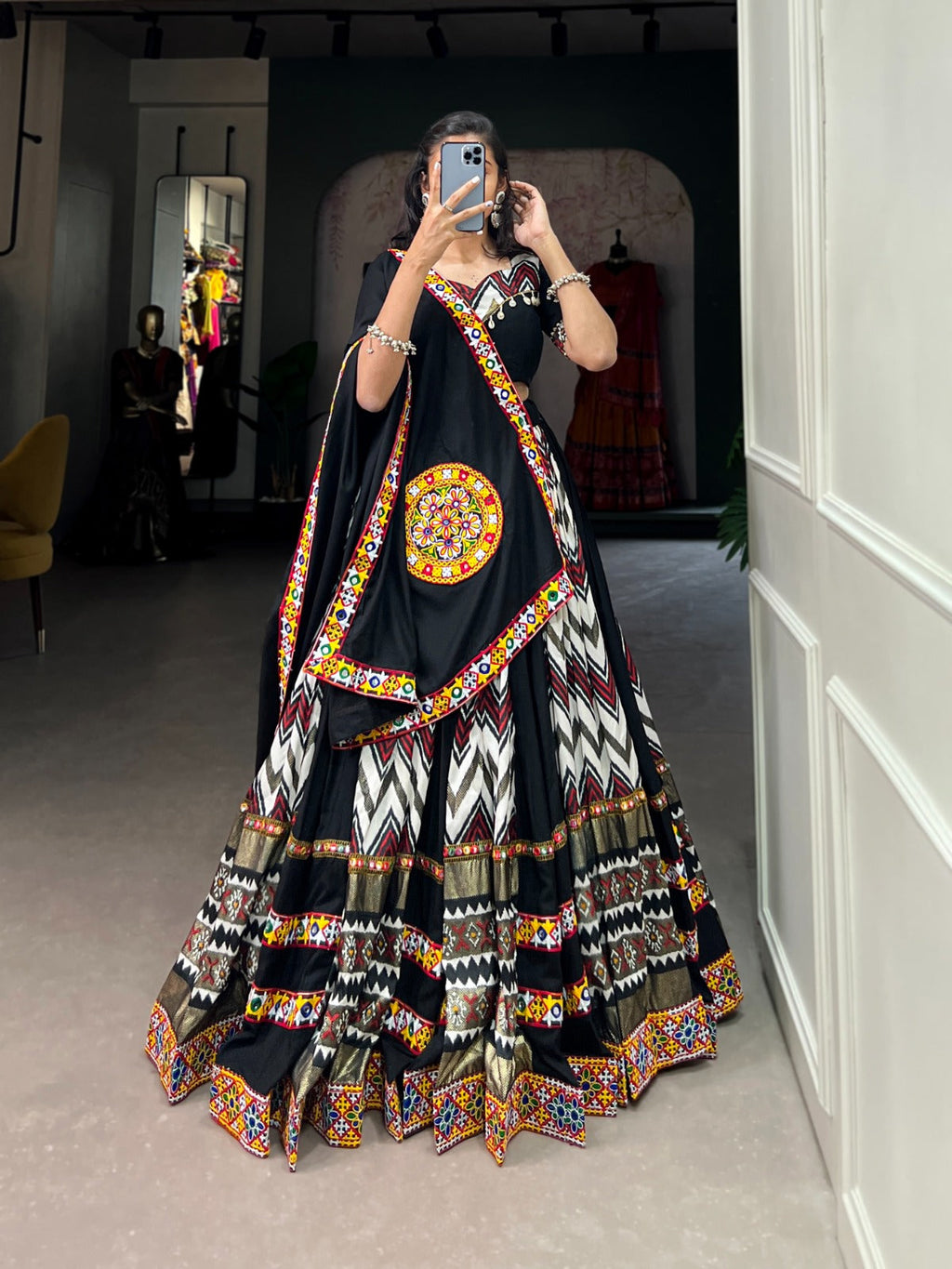 Lorenvalley Black Rayon With Printed Silk Original Mirror Gamthi Work Lehenga Choli With Dupatta | Grocsy