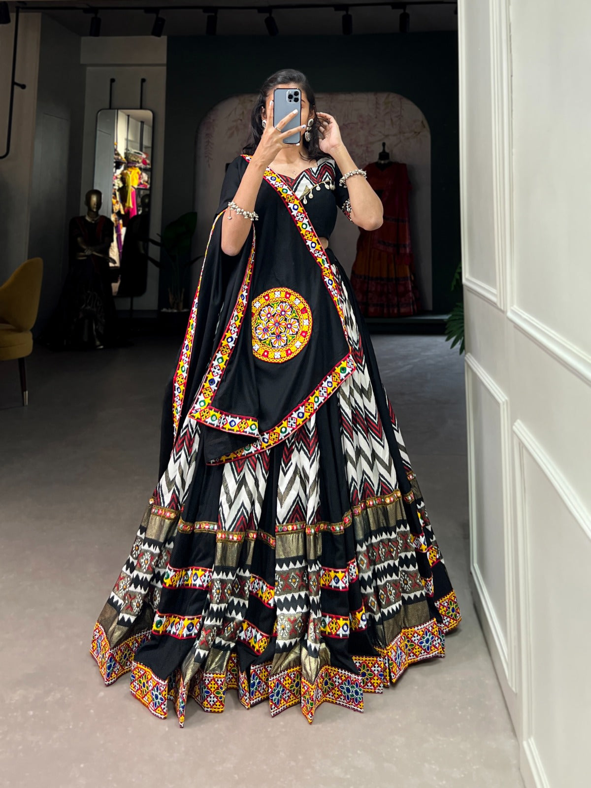 Lorenvalley Black Rayon With Printed Silk Original Mirror Gamthi Work Lehenga Choli With Dupatta | Grocsy