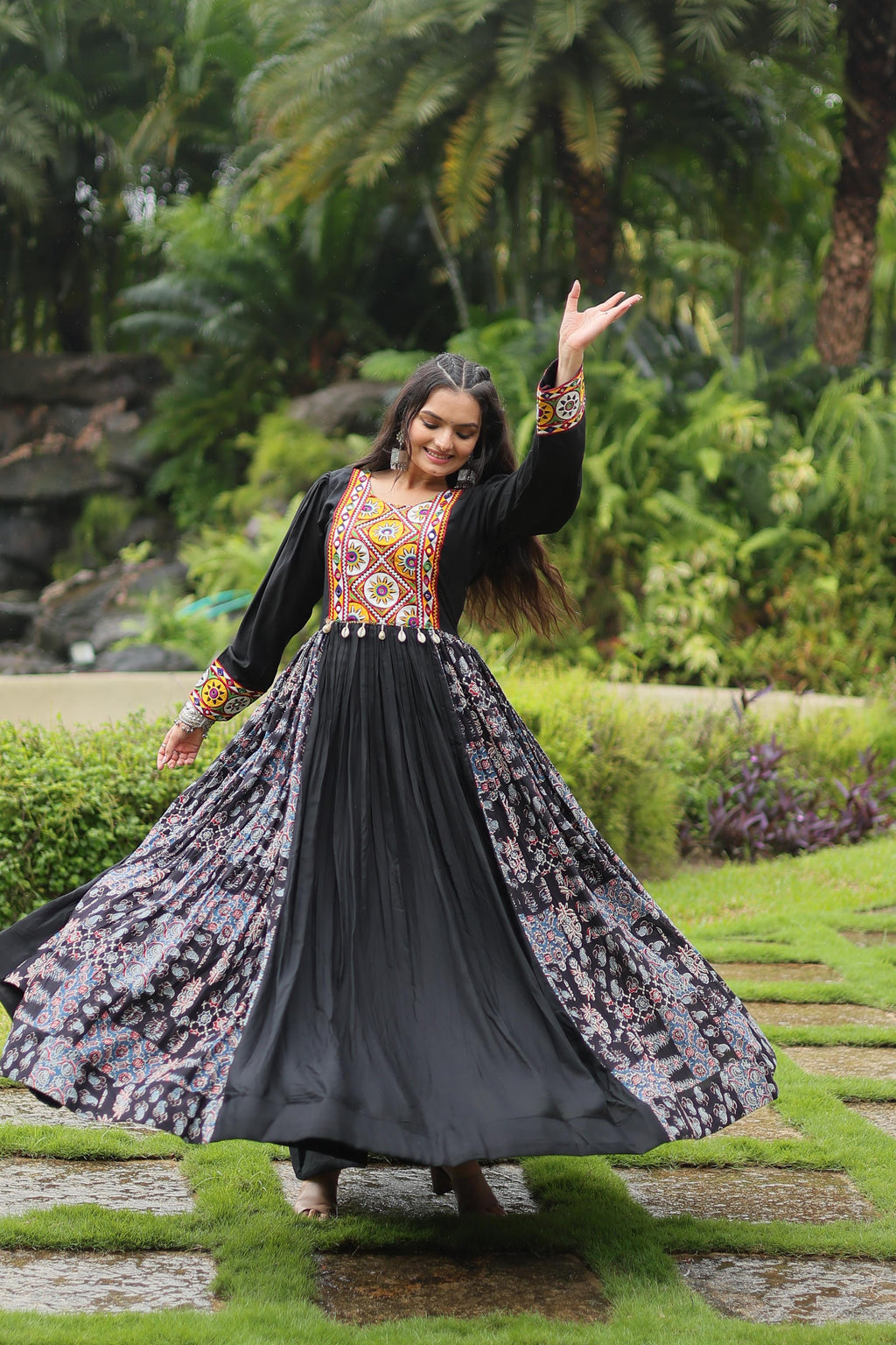 Lorenvalley Black Rayon Contrast of Printed with Kutchi Gamthi work Gown | Grocsy