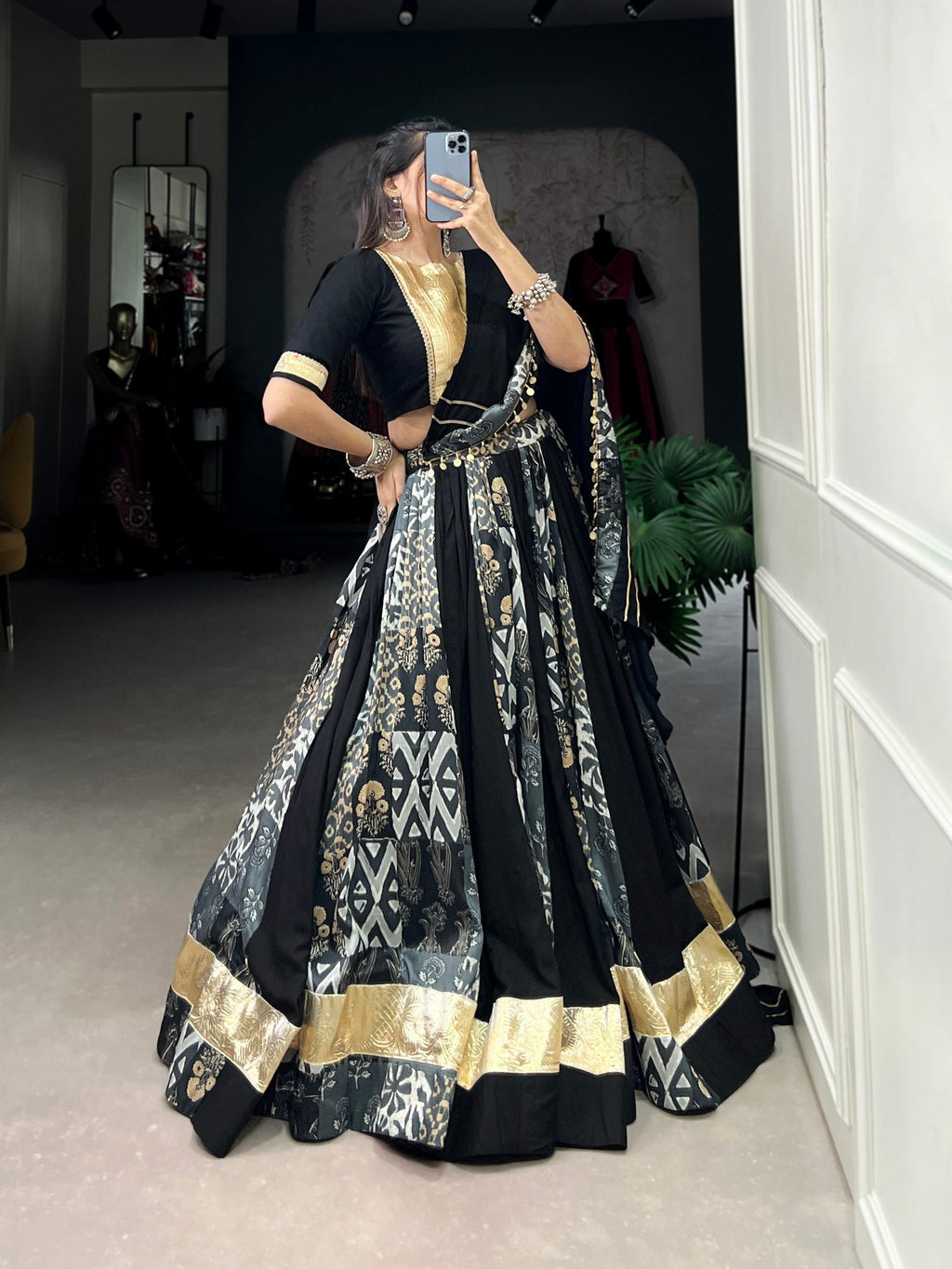 Lorenvalley Black Rayon and Tussar Silk Plain And Printed With Embossed Design Gota Lace Lehenga Choli with Dupatta | Grocsy