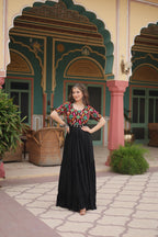 Lorenvalley Black Rayon Fabric with Kutchi Gamthi Kodi work Gown | Grocsy