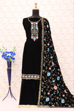 Lorenvalley Fashion Women Black Velvet Embroidered Salwar Suit Material | Grocsy