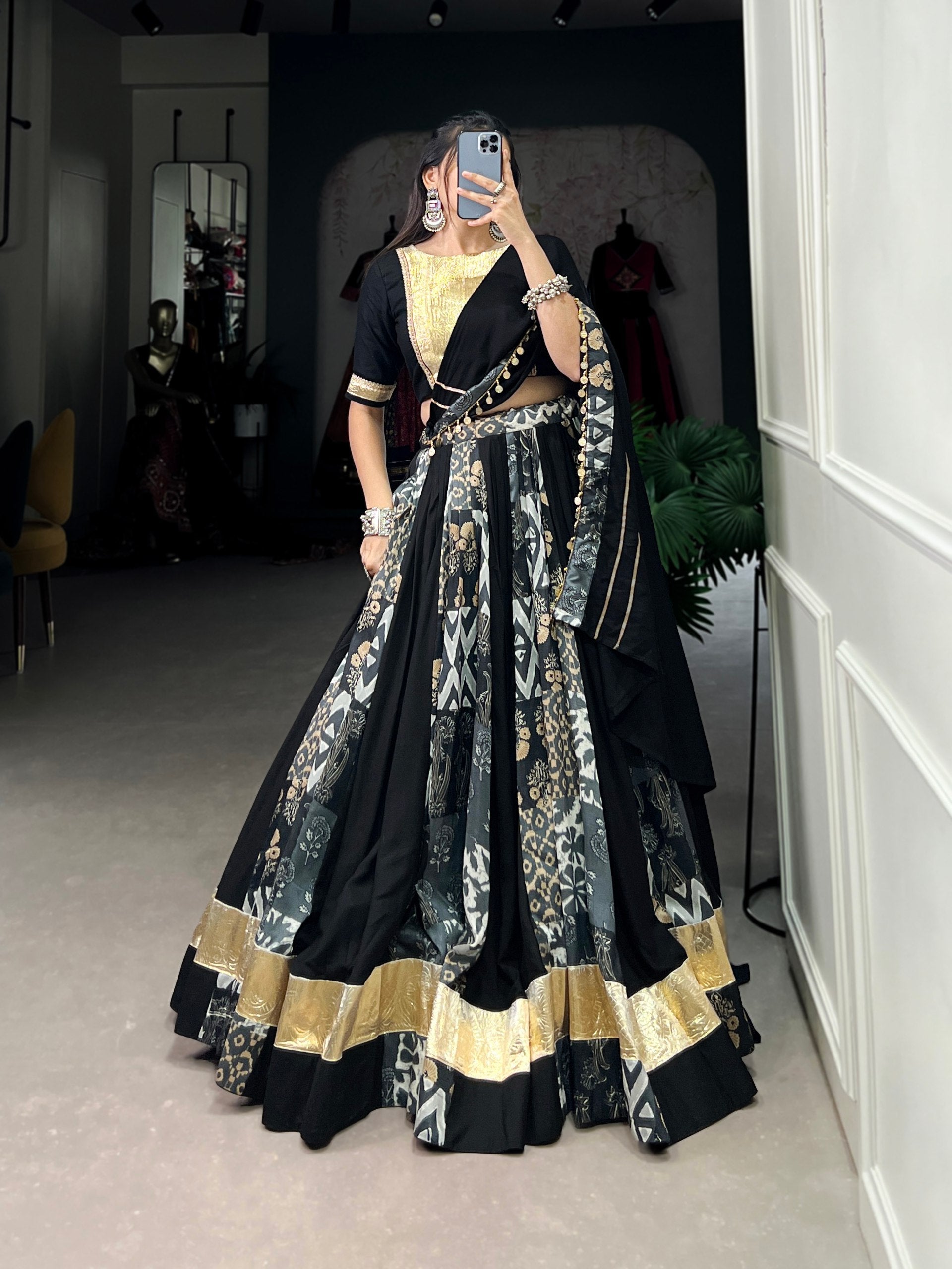 Lorenvalley Rayon and Tussar Silk Black Plain And Printed With Embossed Design Gota Lace Lehenga Choli with Dupatta | Grocsy