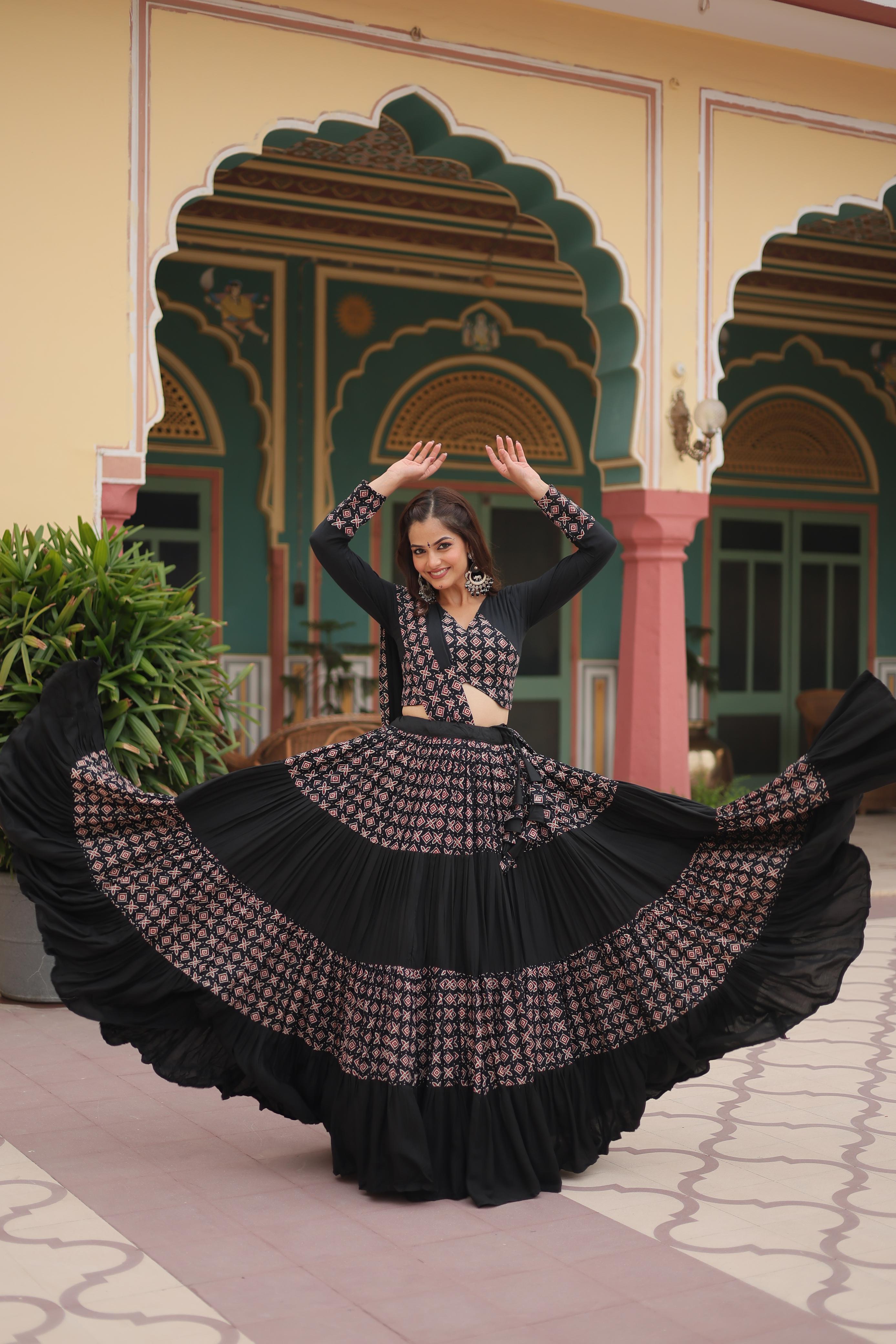 Lorenvalley Black Printed Rayon Navratri Collection Lehenga Choli with Dupatta | Grocsy