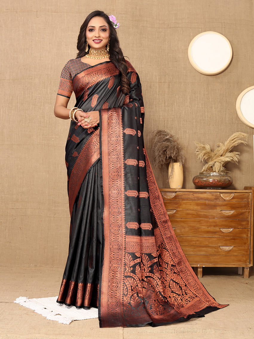 Lorenvalley Fashion Black Soft Katan Silk Woven Design Copper Zari Weaving Saree | Grocsy