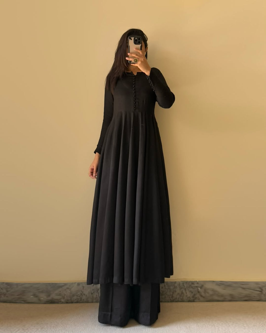 Lorenvalley Black Faux Georgette Yoke and Sleeve Potli Button Work Kurta Palazzo With Dupatta Set | Grocsy