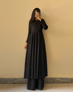 Lorenvalley Black Faux Georgette Yoke and Sleeve Potli Button Work Kurta Palazzo With Dupatta Set | Grocsy