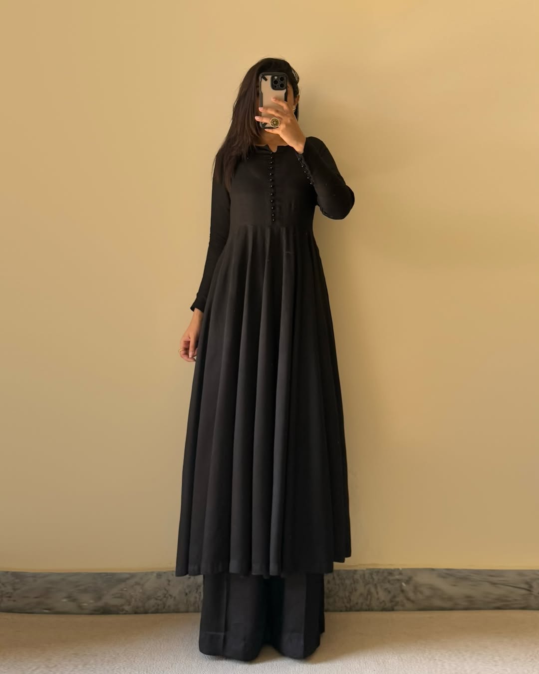 Lorenvalley Black Faux Georgette Yoke and Sleeve Potli Button Work Kurta Palazzo With Dupatta Set | Grocsy