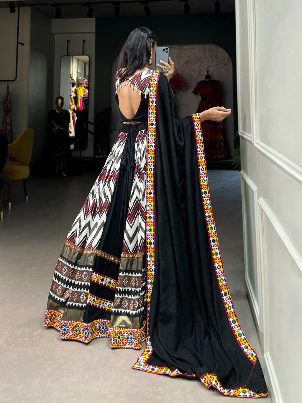 Lorenvalley Black Rayon With Printed Silk Original Mirror Gamthi Work Lehenga Choli With Dupatta | Grocsy