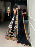 Lorenvalley Black Rayon With Printed Silk Original Mirror Gamthi Work Lehenga Choli With Dupatta | Grocsy